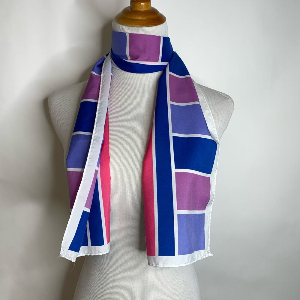 Silk Colorblock Long Scarf Vintage Pink Blue Purple White 52 x 8"
